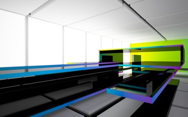 Abstract black and colored gradient glasses interior multilevel public space with window. 3D illustration and rendering.