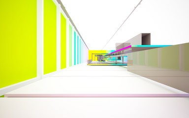Abstract brown and colored gradient glasses interior multilevel public space with window. 3D illustration and rendering.