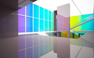 Fototapeta premium Abstract brown and colored gradient glasses interior multilevel public space with window. 3D illustration and rendering.