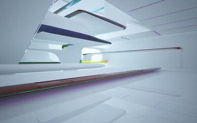Fototapeta premium White smooth abstract architectural background whith colored gradient lines . 3D illustration and rendering