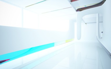 White smooth abstract architectural background whith colored gradient lines . 3D illustration and rendering