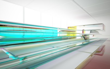 abstract architectural interior with colored smooth glass sculpture. 3D illustration and rendering