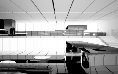 Abstract dynamic interior with black smooth objects and white room . 3D illustration and rendering