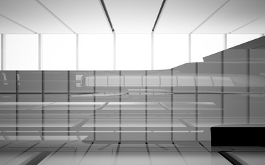 Abstract dynamic interior with black smooth objects and white room . 3D illustration and rendering