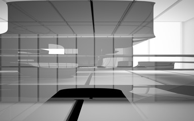 Abstract dynamic interior with black smooth objects and white room . 3D illustration and rendering