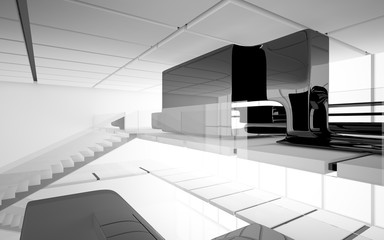 Fototapeta na wymiar Abstract dynamic interior with black smooth objects and white room . 3D illustration and rendering