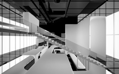 Abstract dynamic interior with white smooth objects and black room . 3D illustration and rendering