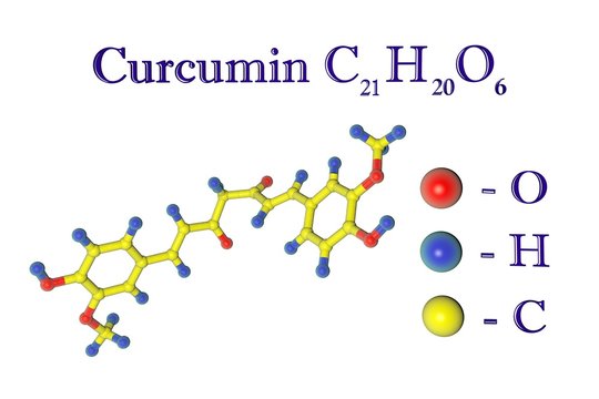 Molecular structure of curcumin, molecule produced by turmeric roots. Atoms are represented as spheres with color coding: oxygen (red), hydrogen (blue), carbon (yellow). 3d illustration