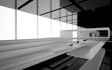 Abstract dynamic interior with white smooth objects and black room . 3D illustration and rendering