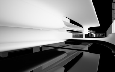 Fototapeta na wymiar Abstract dynamic interior with white smooth objects and black room . 3D illustration and rendering