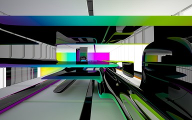 Abstract dynamic interior with black and colored gradient smooth objects. 3D illustration and rendering