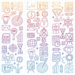 Vector set of bussines icons in doodle style. painted by penon a piece of paper in cage.