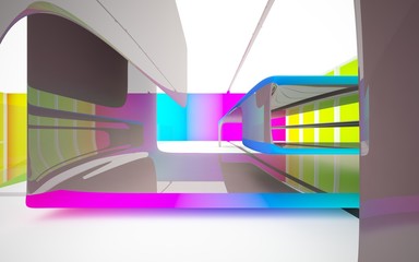 Abstract dynamic interior with colored gradient smooth objects and brown room . 3D illustration and rendering