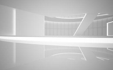 Abstract white interior multilevel public space with neon lighting. 3D illustration and rendering.