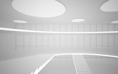 Abstract white interior multilevel public space with neon lighting. 3D illustration and rendering.