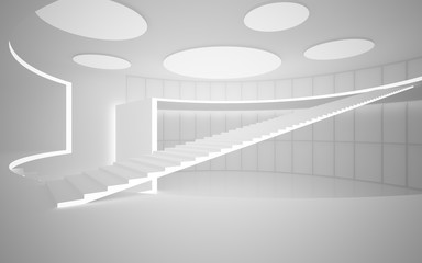 Abstract white interior multilevel public space with neon lighting. 3D illustration and rendering.