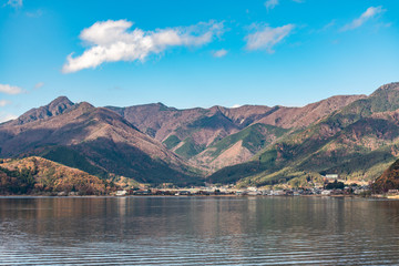 Autumn colors at Fujikawaguchiko - a Japanese resort town in the northern foothills of Mount Fuji. It surrounds Lake Kawaguchi, one of the scenic Fuji Five Lakes in Japan