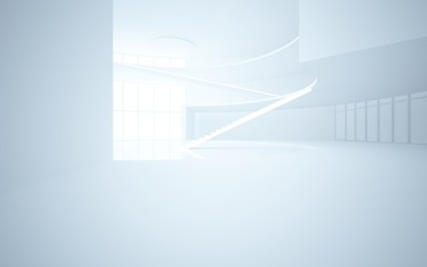 Abstract white interior multilevel public space with window. 3D illustration and rendering.