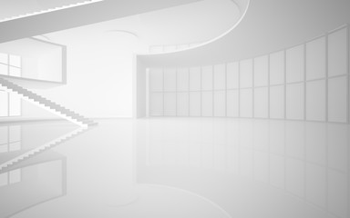 Abstract white interior multilevel public space with window. 3D illustration and rendering.