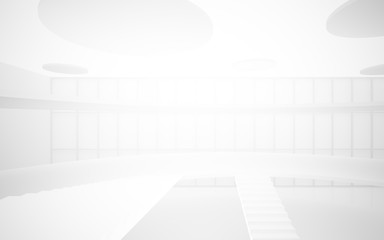 Abstract white interior multilevel public space with window. 3D illustration and rendering.