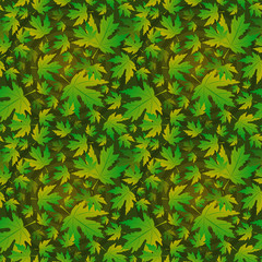 Seamless pattern from green leaves on a dark olive background. Vector illustration. Suitable for fabric, wallpaper and wrapping paper