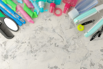 Various hair care products and various accessories for hair combs, elastic bands, curlers, curling....