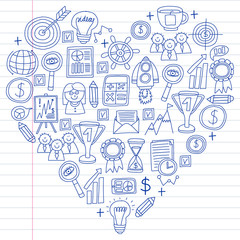 Vector set of bussines icons in doodle style. painted by penon a piece of paper in line.