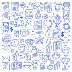 Vector set of bussines icons in doodle style. painted by penon a piece of paper in line.