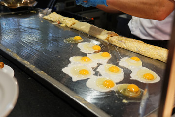 boiled eggs scrambled eggs breakfast in the kitchen of the restaurant