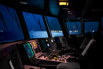 Gardinen Brücken Control panel of industrial cargo ship, closeup photo with selective focus and vintage blue tonal correction filter effect, old style  © Taras