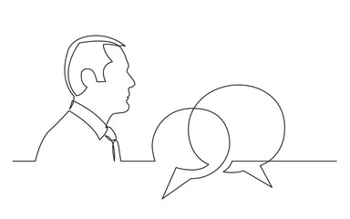 businessman thinking about opinions and feedback - continuous line drawing