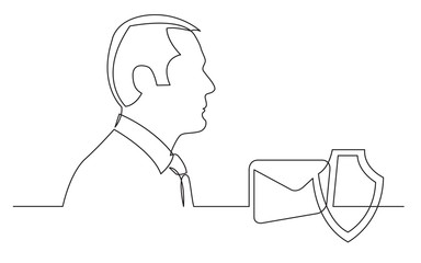 businessman thinking about personal email security - continuous line drawing