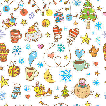 Winter seamless pattern with cute cartoon cats, birds and snowflakes on white  background. Snowy weather. Funny kittens. Animals  in clothes. Vector image. Children's illustration.
