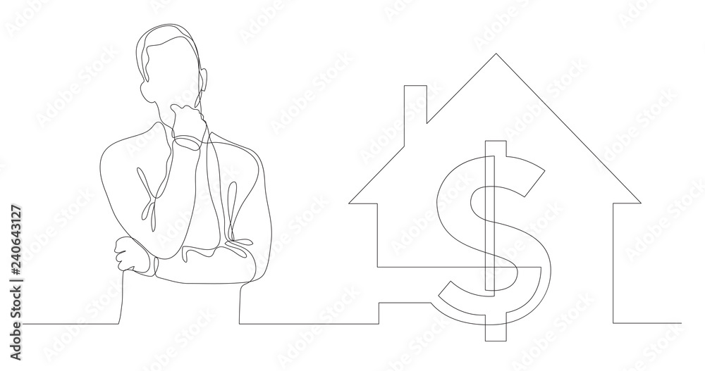 Wall mural man thinking about home value - continuous line drawing