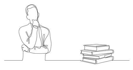 man thinking about best books - continuous line drawing