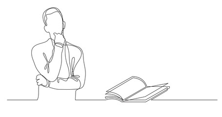 man thinking about interesting book - continuous line drawing