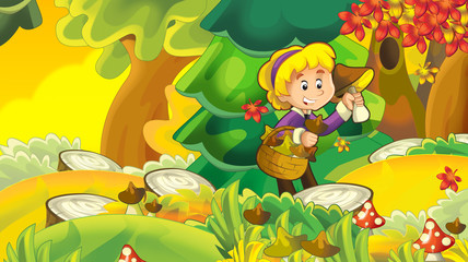 Obraz na płótnie Canvas cartoon autumn nature background with girl gathering mushrooms - illustration for children