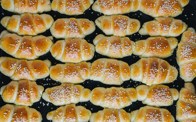 Fresh baked homemade rolls. Flat lay. Top view.
