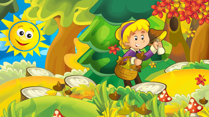 Fototapeta premium cartoon autumn nature background with girl gathering mushrooms - illustration for children