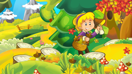 Obraz na płótnie Canvas cartoon autumn nature background with girl gathering mushrooms - illustration for children