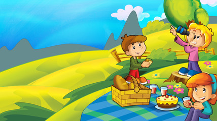 Obraz na płótnie Canvas cartoon scene with kids on picnic in the park near the moutains - illustration for children
