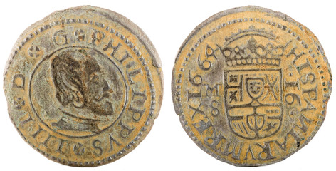 Ancient Spanish copper coin of King Felipe IV. 1664. Coined in Madrid. 16 Maravedis.