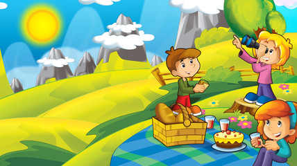 Obraz na płótnie Canvas cartoon autumn nature background in the mountains with space for text - illustration for children