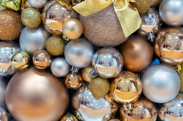 Background of gold and silver Christmas balls. Decorations New Year, Christmas.