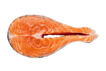 Fresh raw salmon fish steak, isolated on white background. Top view.