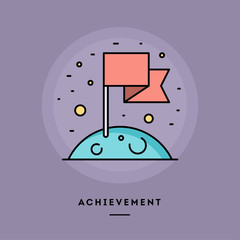 Achievement, flag on the Moon, flat design thin line banner, usage for e-mail newsletters, web banners, headers, blog posts, print and more. Vector illustration.