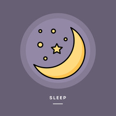 Sleep. Moon and stars, flat design thin line banner, usage for e-mail newsletters, web banners, headers, blog posts, print and more. Vector illustration.