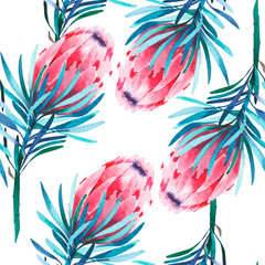 Bright green herbal tropical wonderful floral summer pattern of a pink protea flowers watercolor hand illustration. Perfect for textile, wallpapers, invitation, wrapping paper, phone case