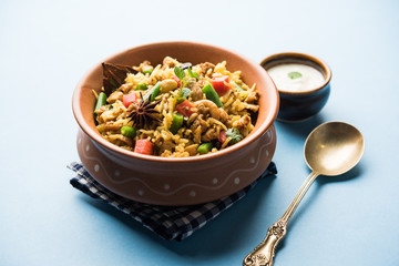 Kheema Pulao - Rice cooked with mutton or chicken mince with vegetables and spices. served in a bowl. selective focus