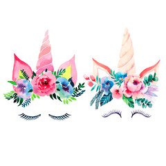 Bright beautiful spring lovely cute fairy magical colorful pattern of unicorns with eyelashes in the floral tender crown watercolor hand illustration Perfect for greeting cards, textile, backgrounds